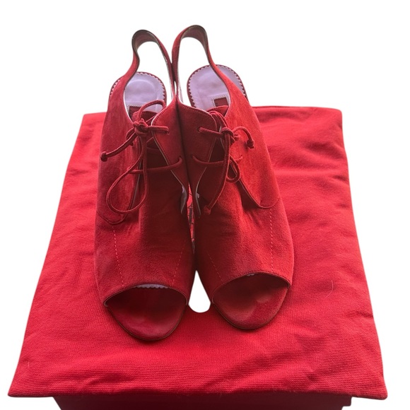 Carolina Herrera Red Suede Open Toe Booties Heels EU 40 US 9.5 Lace Up Luxury - Picture 3 of 11